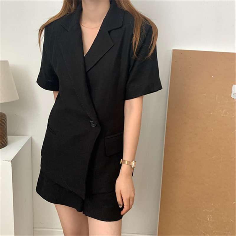 Chic Stylish Summer Femme Solid Loose Blazers+ Streetwear Casual Thin All Match Wide Leg Shorts Suits 2 Piece Sets 210421
