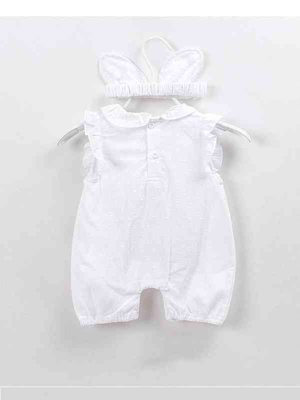 Baby Solid Swiss Dot Ruffle Trim Romper With Headband SHE