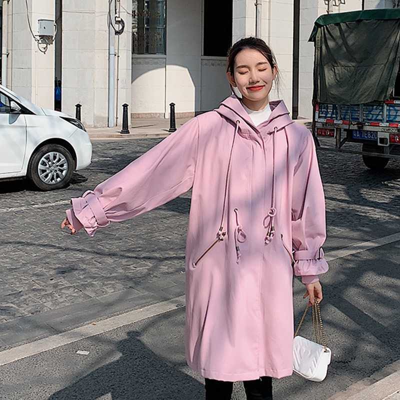 Genayooa Big Size Jacket And Coat For Women Sweet Candy Color Hooded Trench Femme Loose Long Sleeve Drawstring Windbreaker Chic 210527