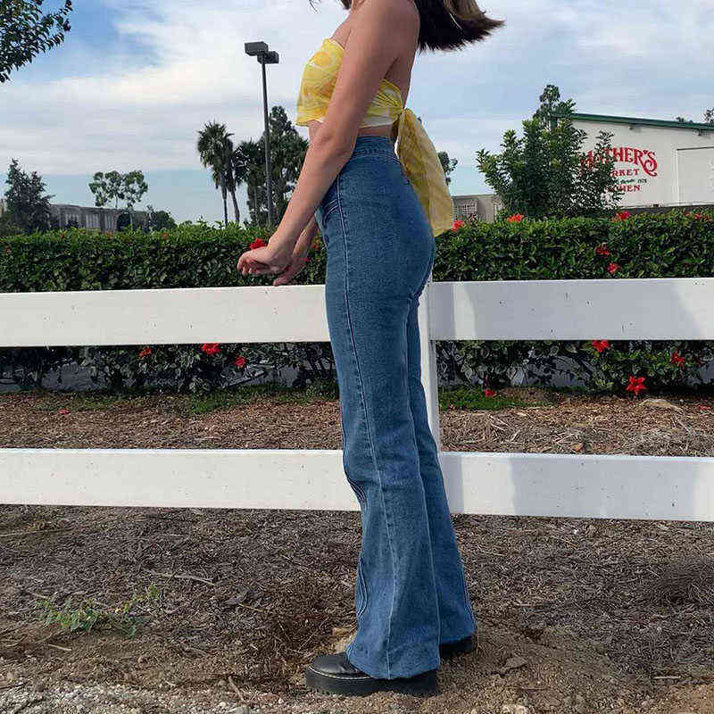 Streetwear Striped Blue Chic Flare Jeans For Girls Female Fashion Vintage Denim Pants Women High Waisted Trouser s 211129