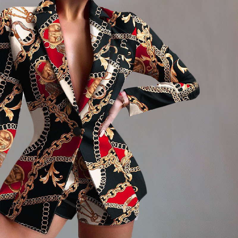 Women's Two Piece Pants Abstract Colorblock Print Single Button Tailored Blazer & Shorts Set