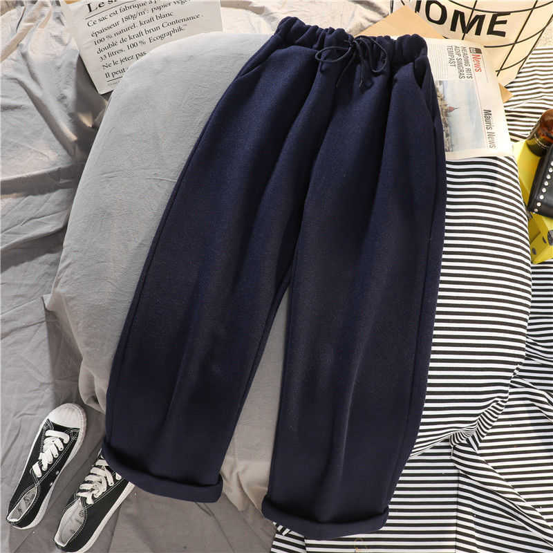 HOUZHOU Winter Warm Wide Leg Pants Women Korean Style Oversized Woolen Jokers Black High Waist Trousers For Female 211115