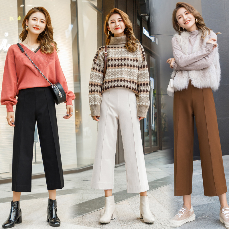 Korean Slim Woolen Wide Leg Autumn Winter Capri Casual Black Women Straight Loose High Waist Woman Pants 11586 210415