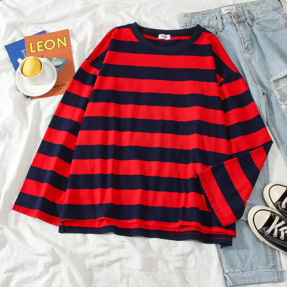 Women Spring Autumn Striped Loose Slim Fit T-shirt Harajuku Long Sleeve Korean Casual Basic Tops Streetwear 210428