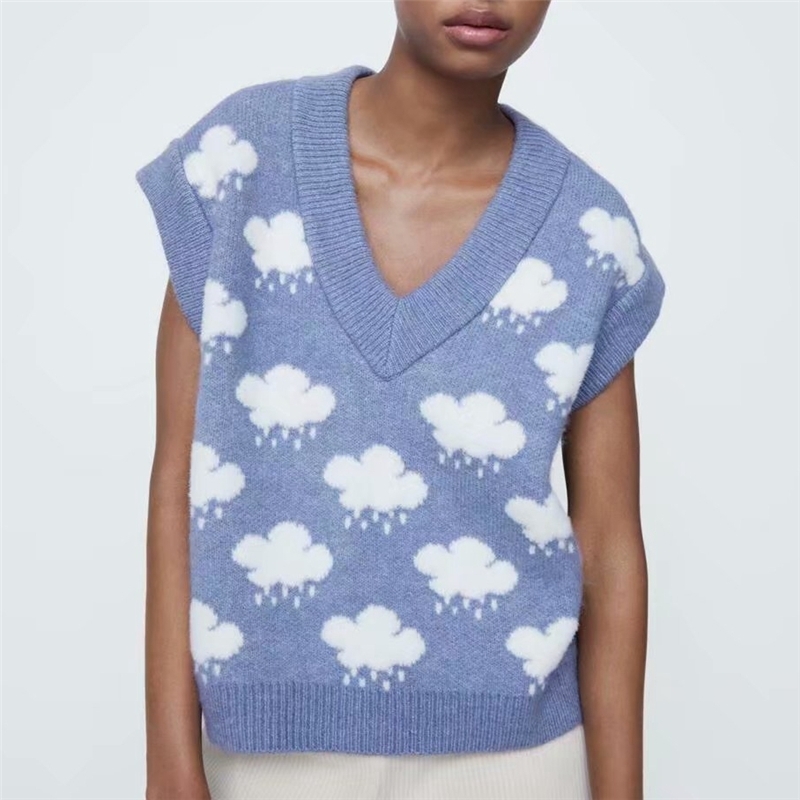 Streetwear Women Cloud Jacquard Sweaters Tank Fashion Ladies Knitted Vests Female Chic V-Neck Pullovers 210430