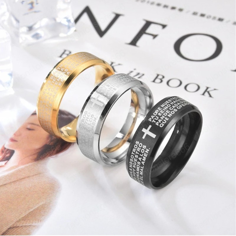 Black Gold Silver Colour Titanium Steel English Letter Prayer Ring Serenity Men's Bible Cross Rings For Women Jesus Jewelry