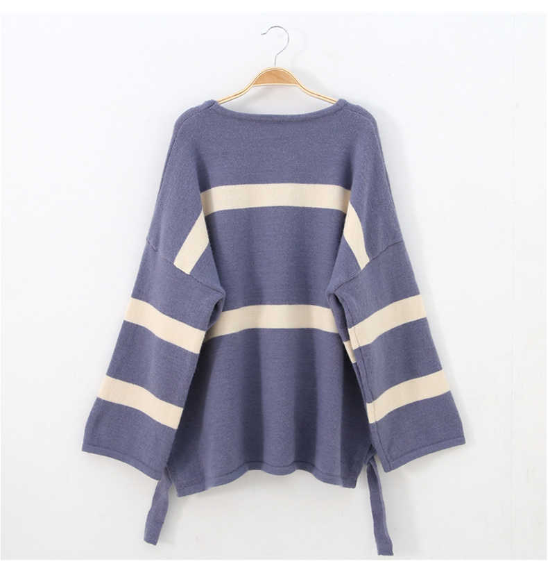 H.SA Women Pullover Sweaters Flare Sleeve Green Knit Pull Jumpers Striped Colorful Knitwear Sweater Fall Korean sueter feminino 210716