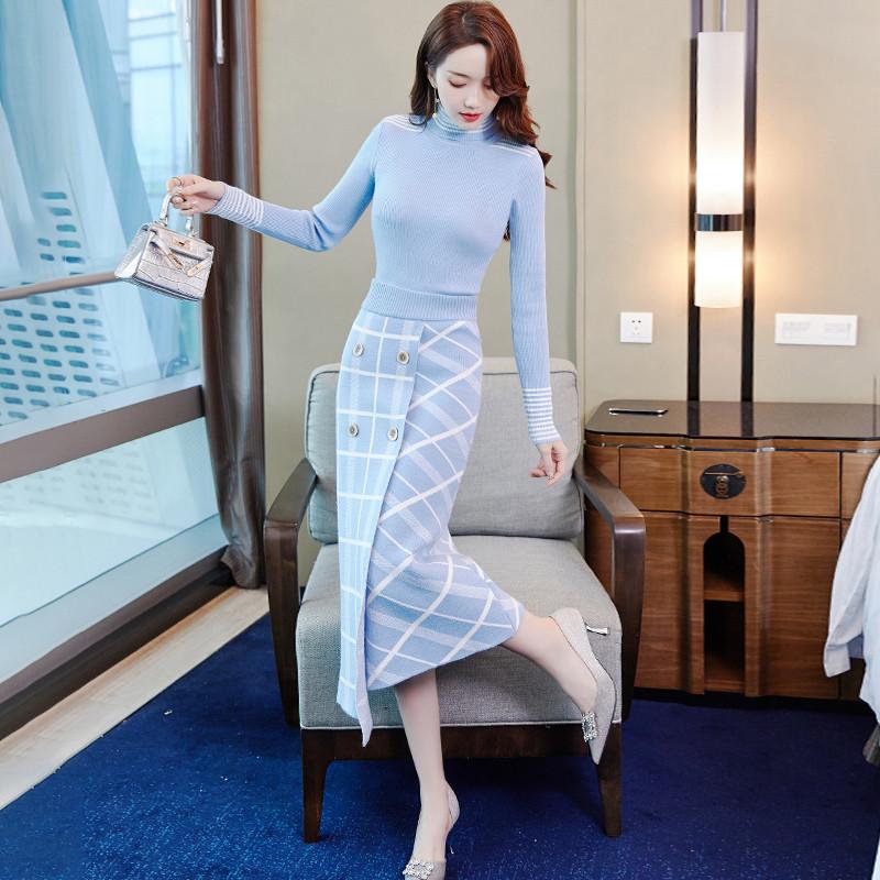 Slim Sweater Skirt Two Piece Dress Women Autumn Winter Turtleneck Knitted Top + Plaid Suit Office Lady Matching, Blue
Slim Sweater Skirt Two Piece Dress Women Autumn Winter Turtleneck Knitted Top + Plaid Suit Office Lady Matching, Blue