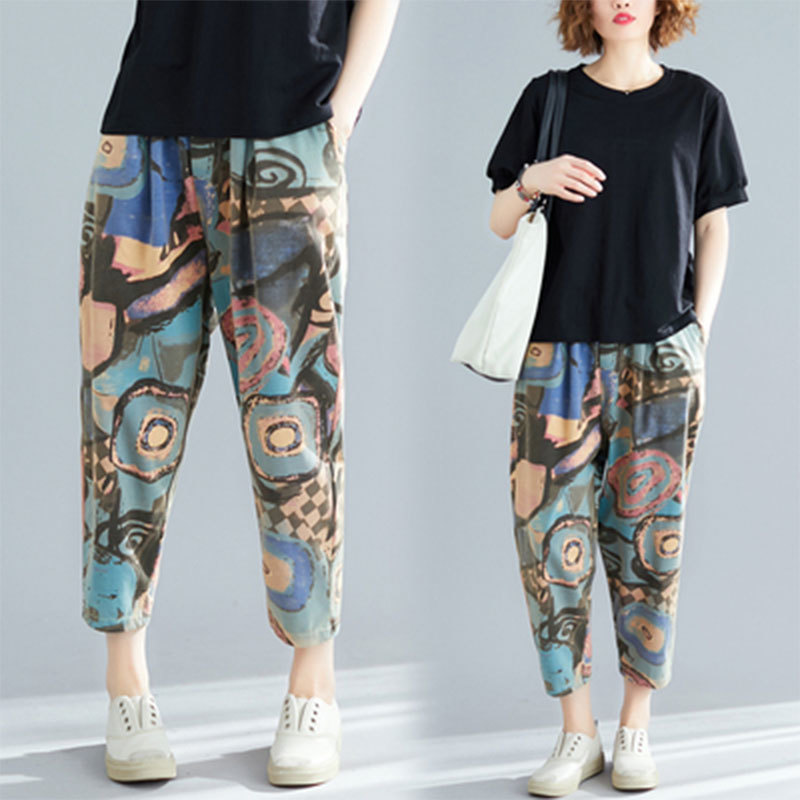 Summer Arts Style Women Elastic Waist Loose Ankle-length Pants Vintage Print Cotton Casual Harem Plus Size M622 210512
