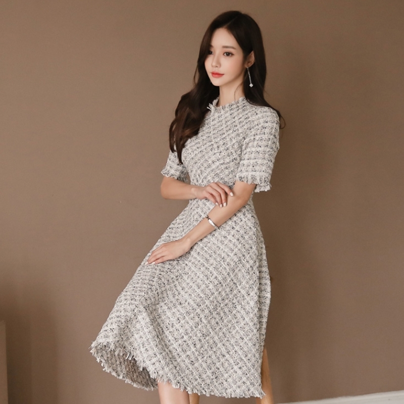 Spring And Summer Woolen Tweed Dress Women Short Sleeve High Waist Midi Elegant Plaid Slim Korea 210520