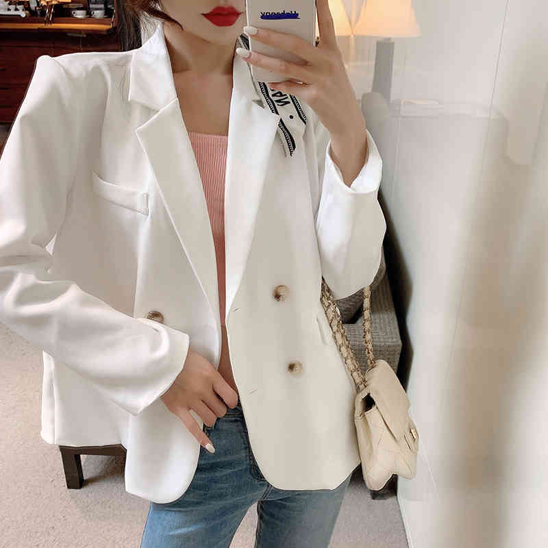 Women Fashion Casual Double Breasted White Blazer Coat Vintage Notched Long Sleeve Female Outerwear Chic Tops 210518