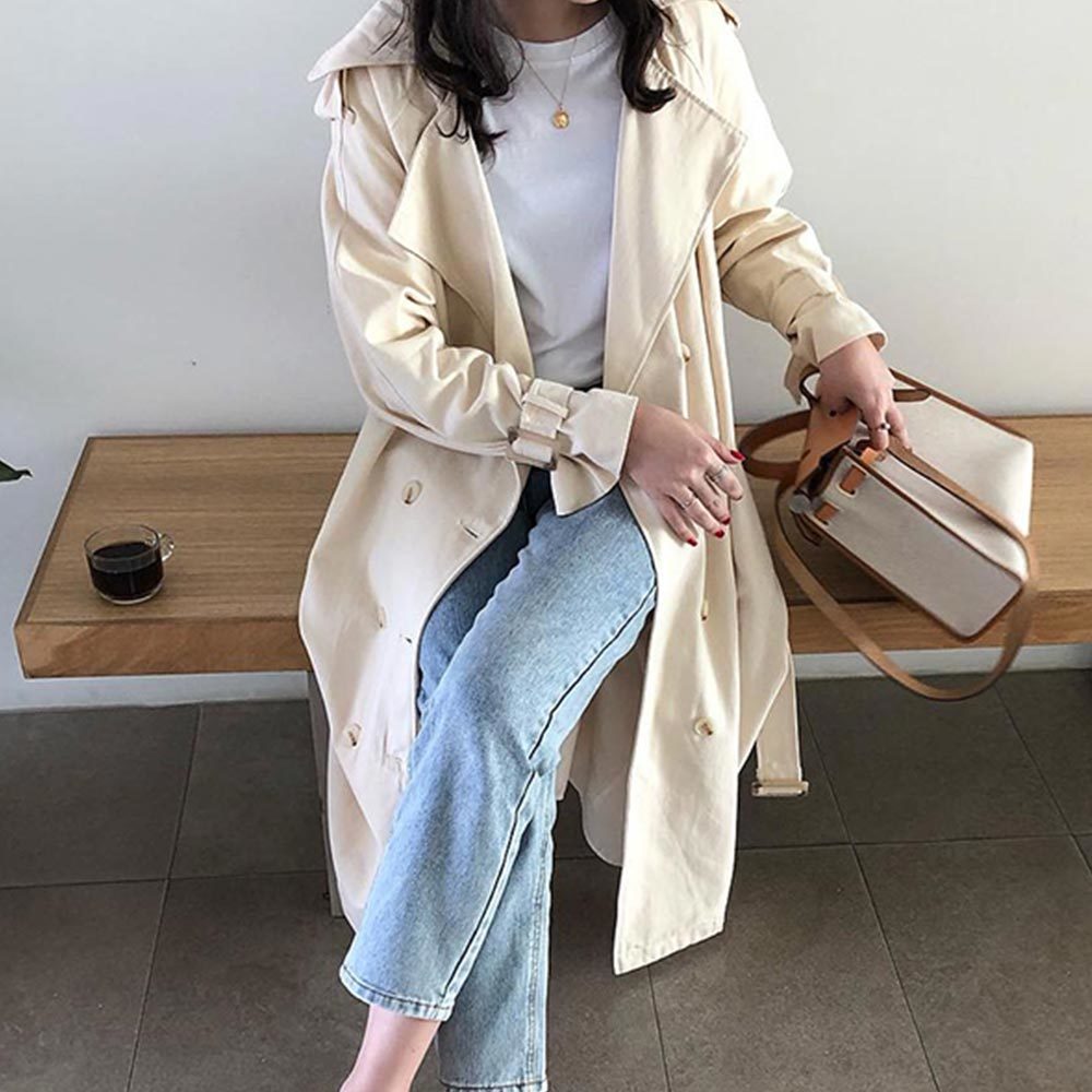 Women Double-Breasted Trench Coat with Belt Classical Lapel Collar Loose Long Windbreaker Russia style Chic Outwear 210428