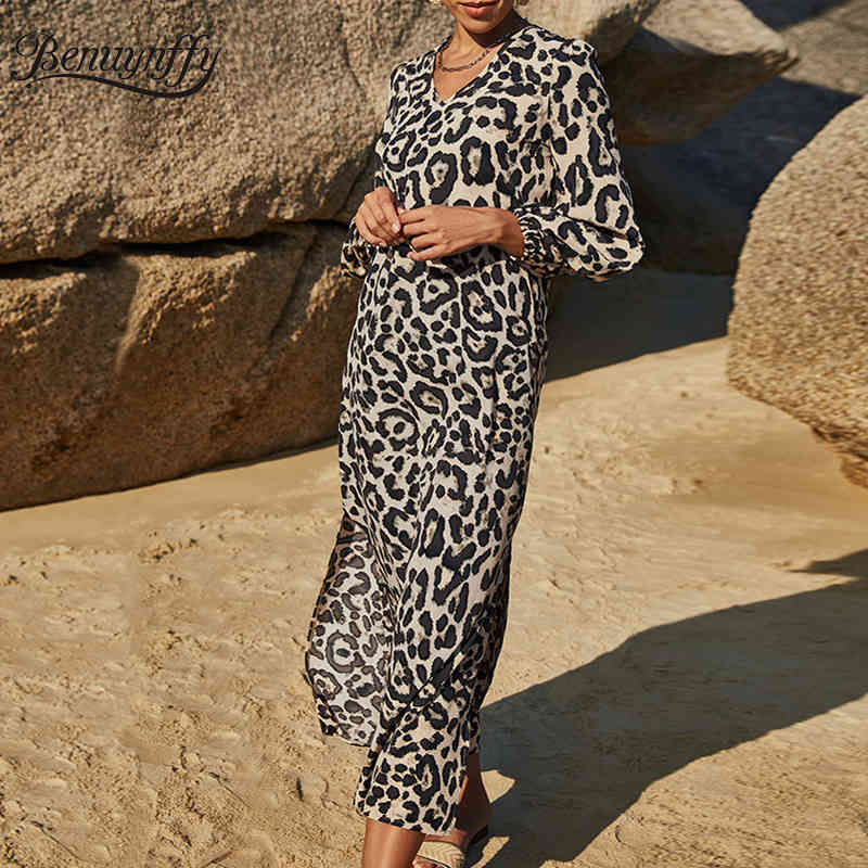 V-neck Leopard Print Split Long Dresses Fashion Casual Women Sleeve Spring Summer Dress Beach Vestidos 210510