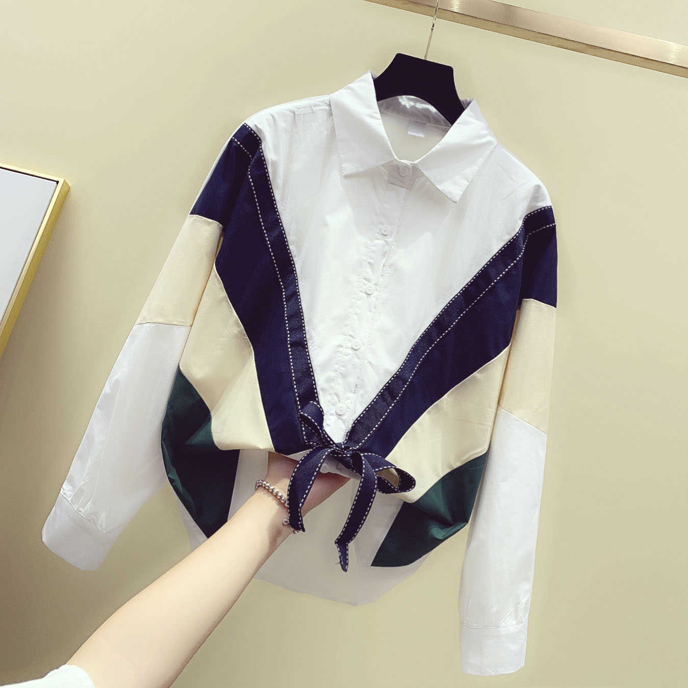 Spring and Summer Korean-style Casual Women Shirts Loose-Fit Bow Lace-up Shirt Women's Patchwork 210615Z