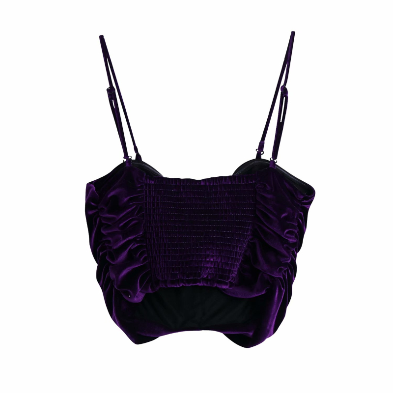 Sexy Woman Purple Spaghetti Strap Velvet Short Tops Spring Fashion Ladies Pleated Camisole Female Diamond Button Top 210515