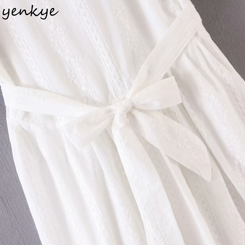 YENKYE Summer Dress Sweet Women Sexy Lace Trims White Dress Female Peter Pan Collar Short Sleeve Sashes A-line Mini Vestido 210515