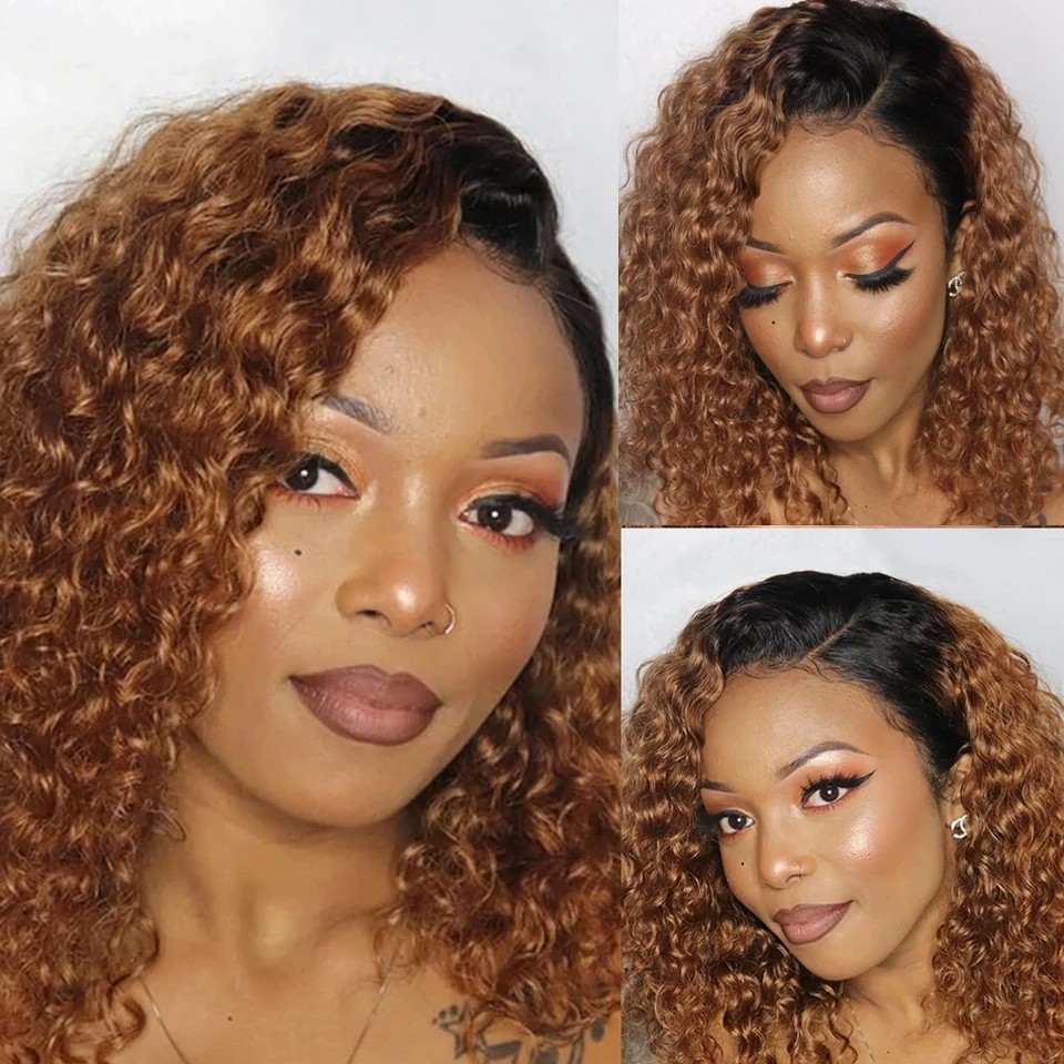 Kinky Curly Short Bob Full Wigs Ombre Brown Peruvian Human Hair Synthetic Lace Front Wig For Black Women 150% Density