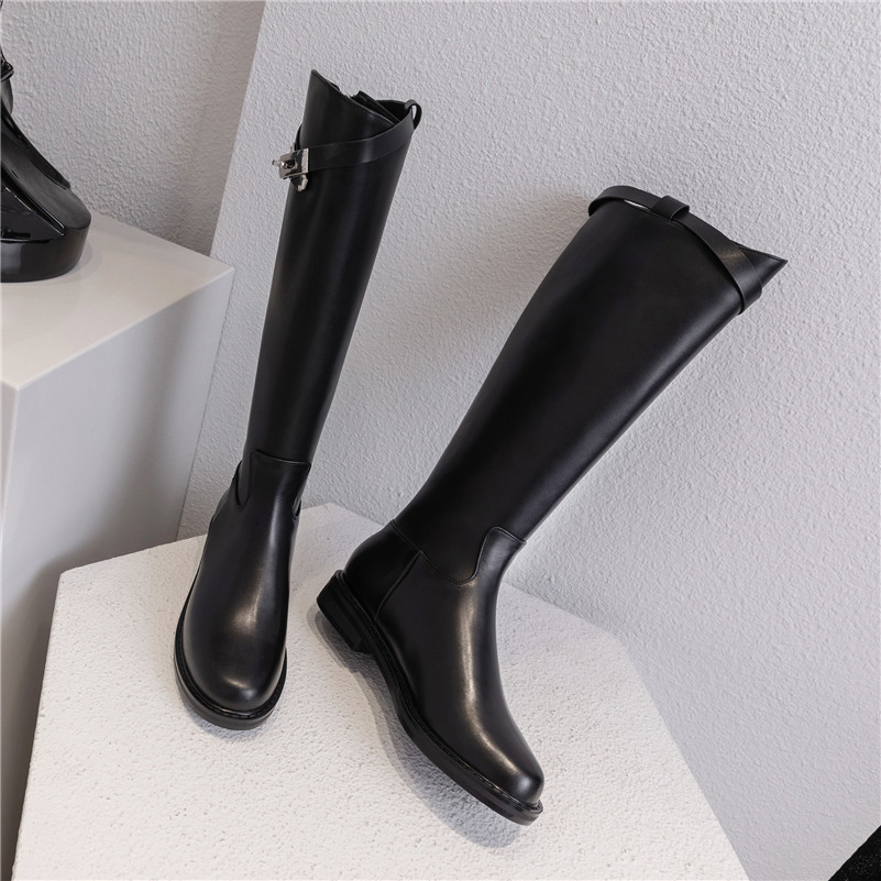 Autumn Riding Boots Women Natural Genuine Leather Flat Knee High Zipper Round Toe Tall Shoes Ladies Winter Size 42 210517