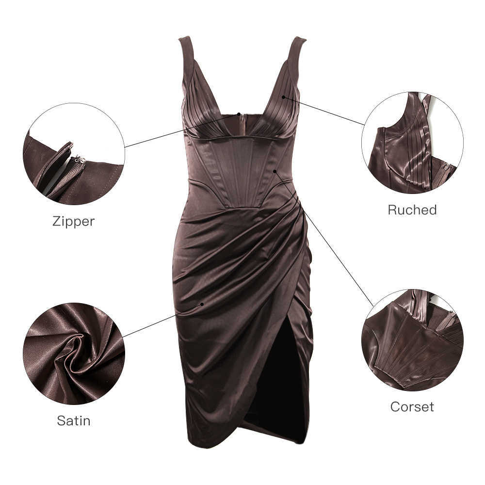 Karlofea Female Summer Stretchy Satin Corset Dress Chic Slit Draped Midi Festival Clothing Sexy V Neck Club Party es 210623