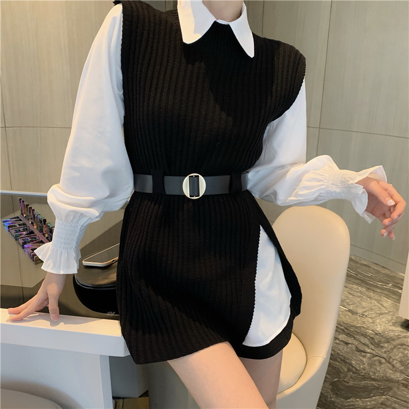 Spring Two-Piece Set Fashion Women Lantern Sleeve White Shirt Top + Casual Split knitted sweater Vest With Belted 210519