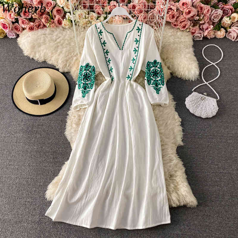 Vintage Vestidos Floral Embroidery Beach Style Lantern Sleeve Summer Dresses A-line High Waist Woman Dress Korean Chic 210519