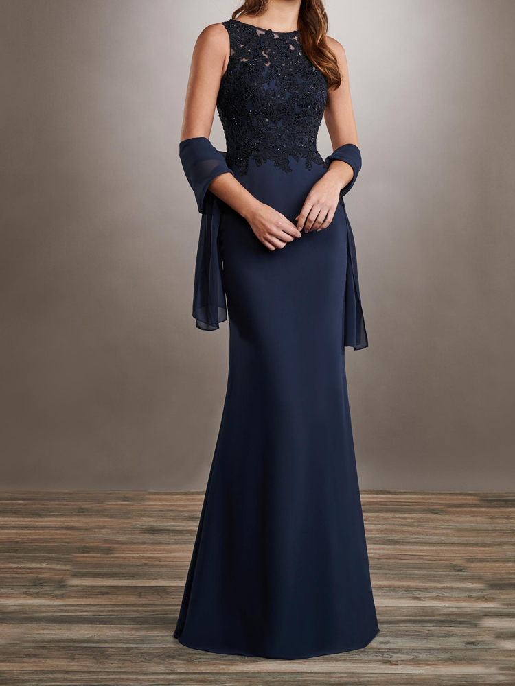 Dark Navy Mother of the Bride Dresses with Wrap Mermaid Floor Length Mother's Dress Chiffon and Lace