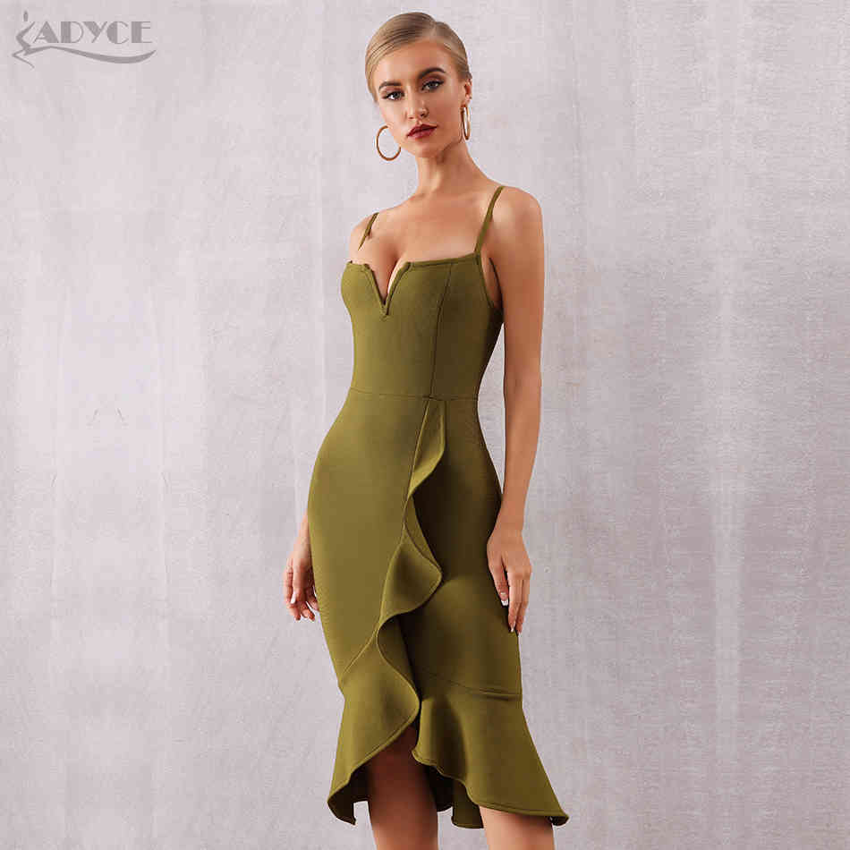 Summer Women Ruffles Bandage Dress Sexy Spaghetti Strap Sleeveless Mermaid Club Celebrity Evening Party 210423