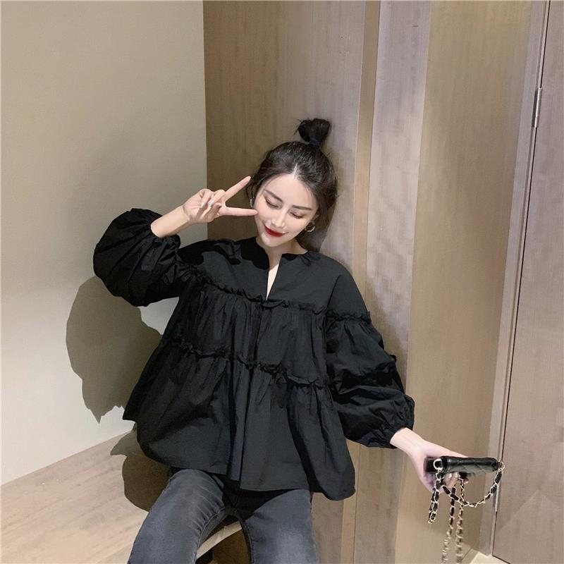 V Neck Puff Sleeve Blouses Women Solid Korean Pleated Chic Loose Shirts Spring Ins Elegant Blusas Tops 14992 210415