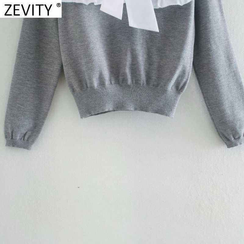 Zevity Women Sweet Agaric Lace White Poplin Patchwork Knitting Blouse Female Bow Tie Chic Femininas Shirt Ruffle Tops LS7319 210603