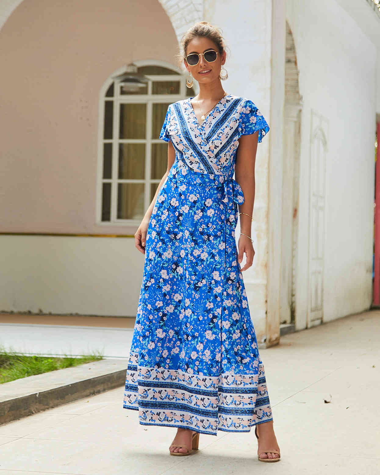Women Dress Printed Bohemia es Sexy Long Print Floral Maxi V Neck Short Sleeve Lace Up Summer es 210513
