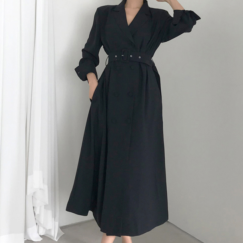 Minimalist Long Trench Coat Women Elegant OL Outwear Vintage Overcoat Suit Collar Double Breasted Windbreaker 210421