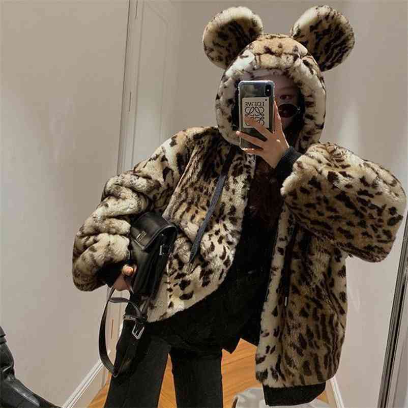 Warm Fur Coat In Winter Lovely Girl Leopard Print Rabbit Ears Vintage Hooded Faux s Thick Outwears 210510