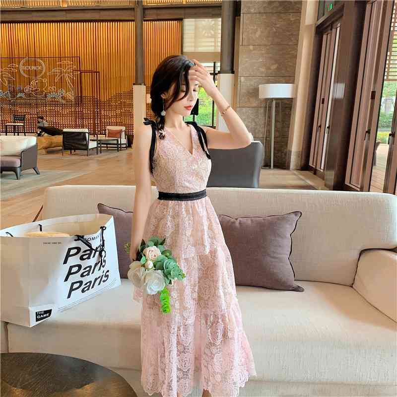 Vintage Elegant Pink Rose Lace Hollow Out Summer Dress Women's Embroidery Party Dresses Vestido Midi Feminino 210520