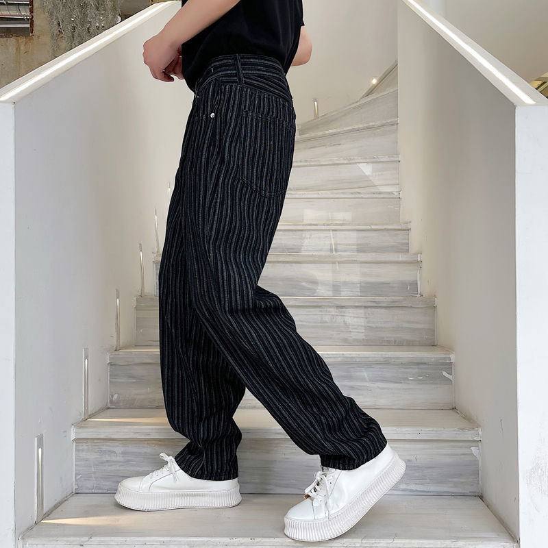 IEFB Men's Denim Straight Pants Blue Loose Causal Jeans Striped Pattern Zipper Denim Trousers Fashion Streetwear 7239 210524
