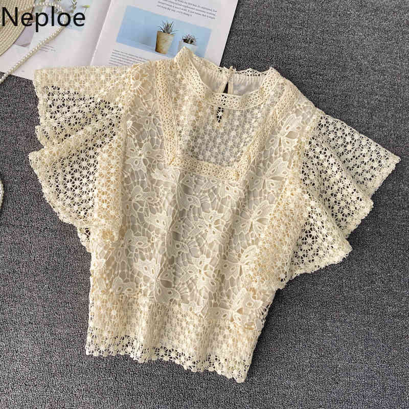 Neploe Blusas De Mujer Summer Women Lace Tops Korean Fashion Clothes See Throught Shirts Stand Neck Elegant Ladies Blouses 210422