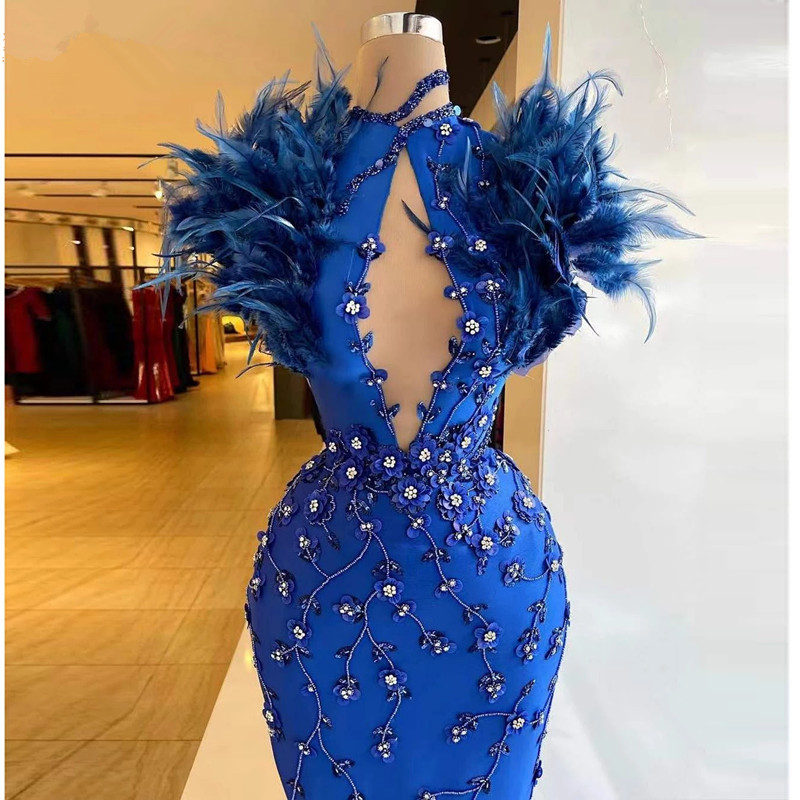 More Feather Chic Mermaid Prom Dresses Sleeveless Royal Blue Flower Evening Dress Custom Made Lace Appliques Celebrity Party Gown