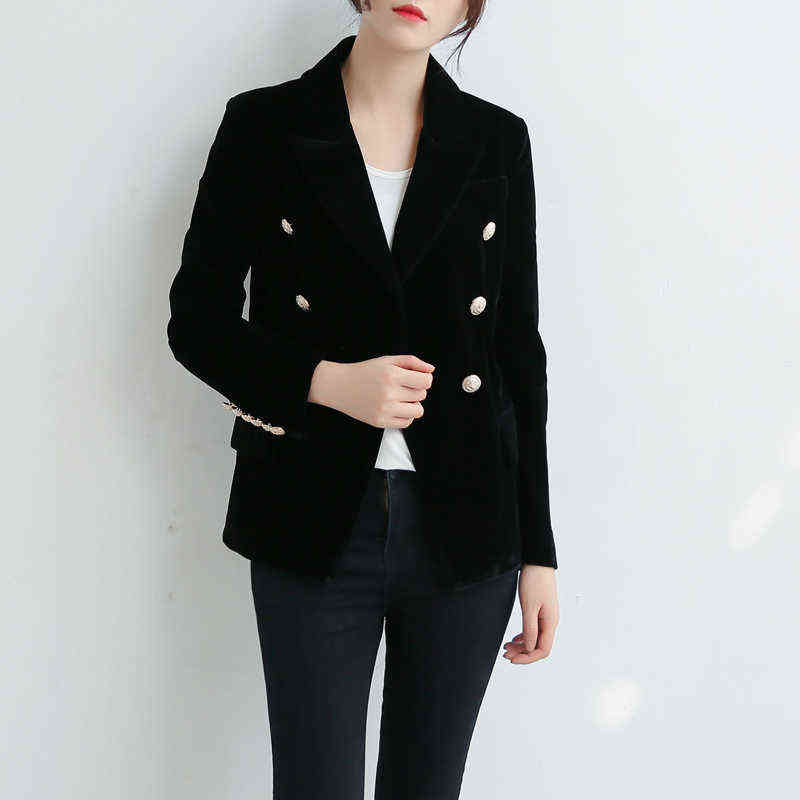 Autumn Women's Slim gold velvet small suit jacket women blazer metal button Short coats jackets 211122