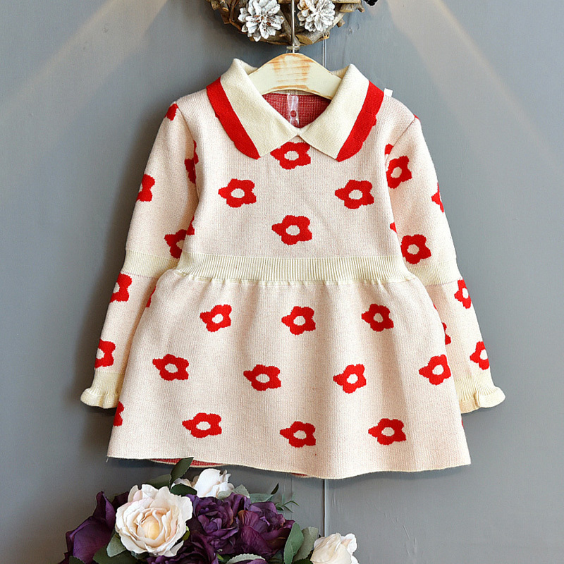 Autumn Winter Girls Dress Children Embroidered Lapel Knit Long Sleeve Princess Party Baby Girl Clothes 210515