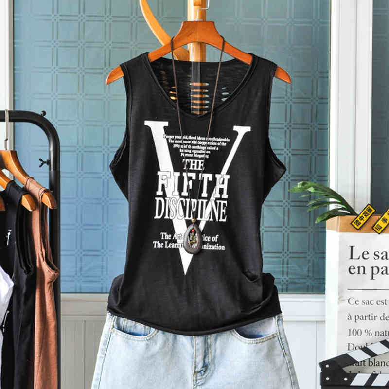 Arrival Summer Korea Fashion Women Sleeveless Loose V Neck Top Back Hole 100 Cotton Letter Print Casual Tank Tops M35 210512