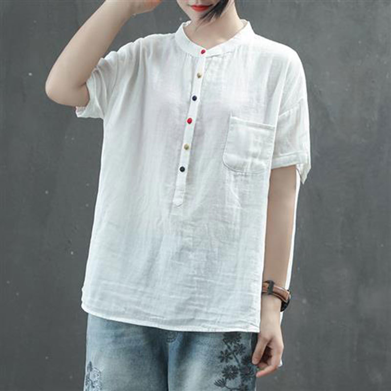 Summer Style Women Shirt Plus Size Short Sleeve Loose Casual Ladies Tops stand collar Button vintage cotton linen Blouse D140 210512