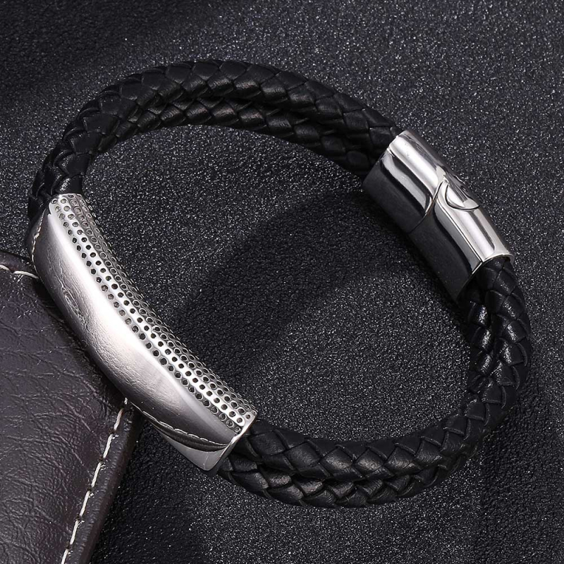 Cool Stainless Steel Charm Genuine Leather Bracelet
