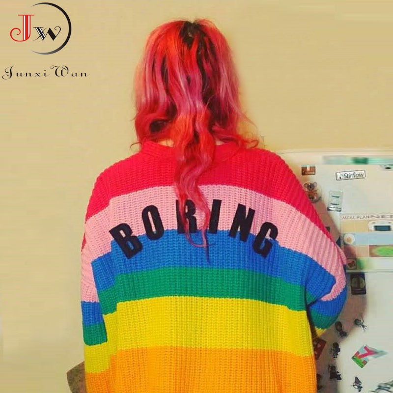 Rainbow Stripe V-Neck Cardigan Women Long Sleeve Knitted Sweater Casual Autumn Coat Invierno Loose Cardigans Mujer 210510