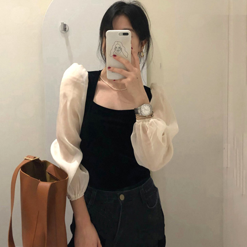 Nomikuma Korean Velour Women Shirt Puff Long Sleeve Hit Color Patchwork Square Collar Blusas Spring Slim Blouses New 6E377 210427