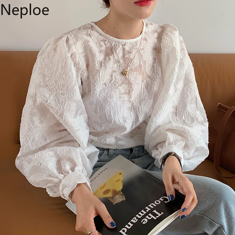Neploe Korean Chic Blouses Women O-neck Lantern Sleeve See Through Shirt Tops Floral Lose Elegant White Blouse Blusas Mujer 210422