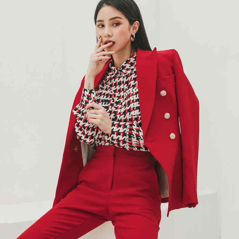 Fashion Office Lady Pant Suits Red 2 Piece Set For Women Double breasted Blazer & Pencil Pants Korean Business Autumn 210506