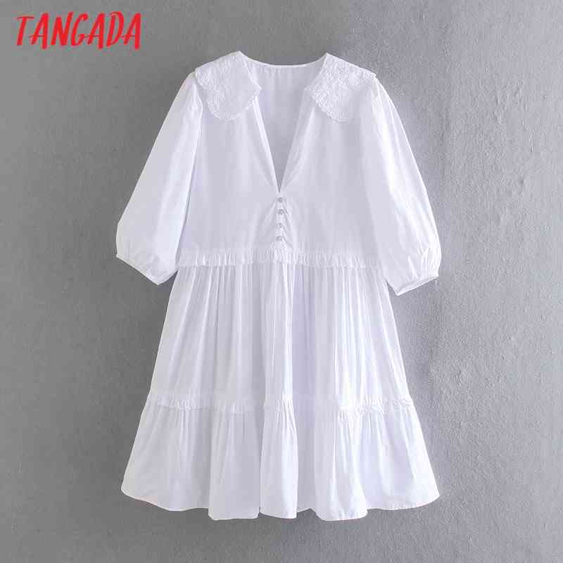 Summer Women White Emboridery Neck Short Sleeve Ladies Mini Dress Vestidos 4N20 210416