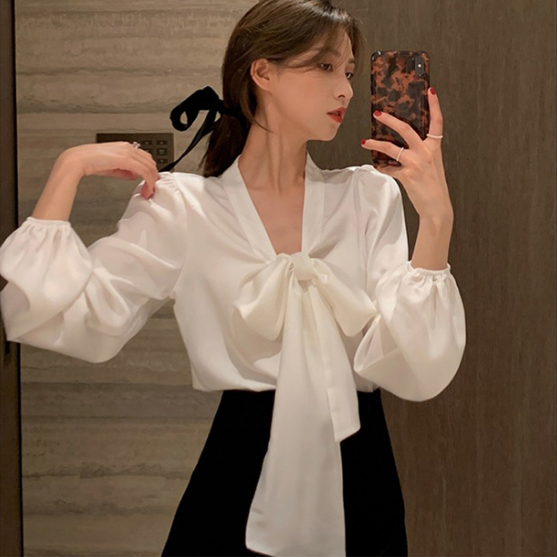 Long Sleeve Chiffon White shirt Spring Blouse Women Solid Bow Collar Ladies Tops Shirts Blusas Feminine 615B 210420