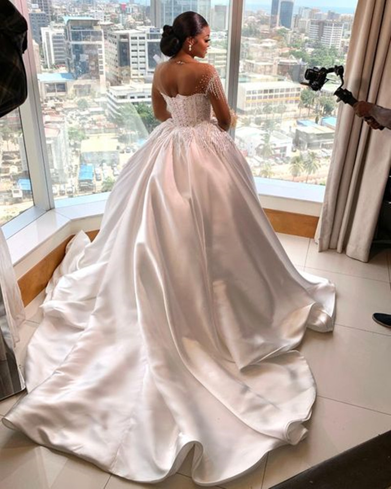 Luxury Crystal Plus Size Wedding Dresses with Detachable Train Long Sleeve Beaded Stain Lace-up Aso Ebi Vestidos novias boda 2022 Bridal Gown