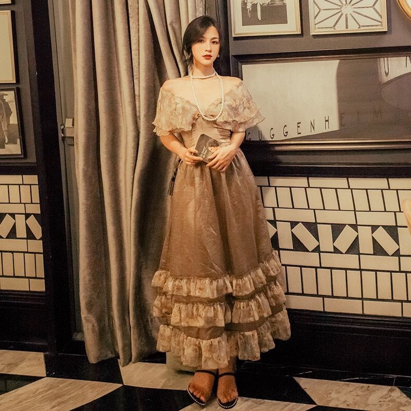 vintage vesdios long dresses ruffles floral print v neck butterfly sleeve summer party patchwork high waist 210421