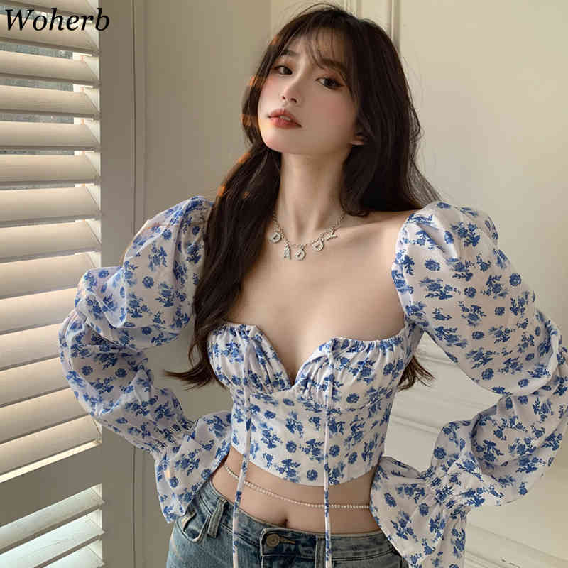 Square Collar Crop Blouse Wopem Korean Chic Ins Summer Shirt Floral Print Long Puff Sleeve Bandage Short Blusas Tops 210519
